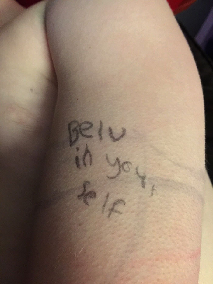 While He Was Asleep, I Noticed That My 9-Year-Old Son, Who Has Dyslexia, Had "Tattooed" This On His Arm