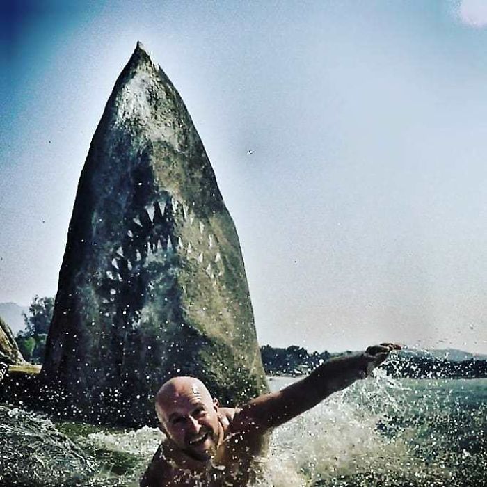 Graffiti Artist Turns A Beach Stone Into A Great White Shark And People Post Their Best Pics With It