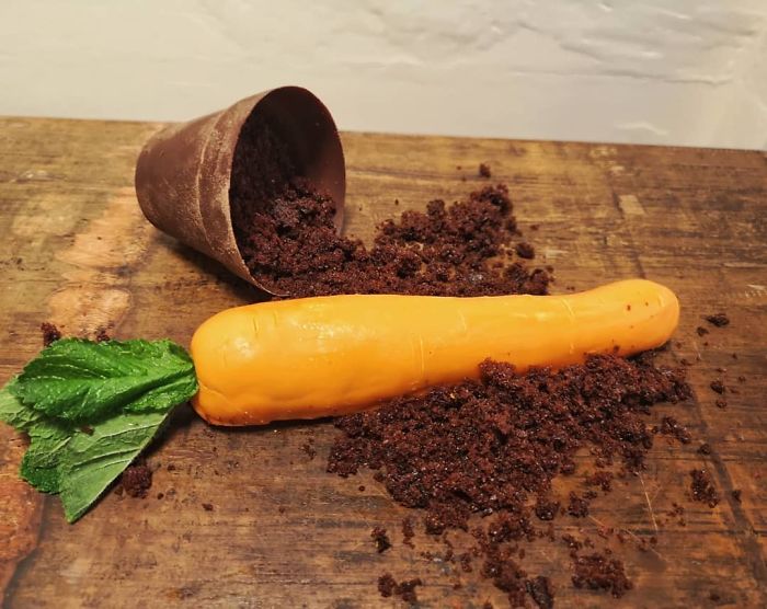 Carrot Cake Shaped Like A Carrot, Chocolate Plantpot Filled With Whipped Cream Cheese Icing, Chocolate Soil