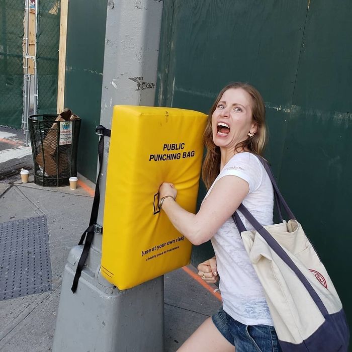 People In New York Can Now Let Their Anger Out By Punching These Bags That Were Set Up Around The City