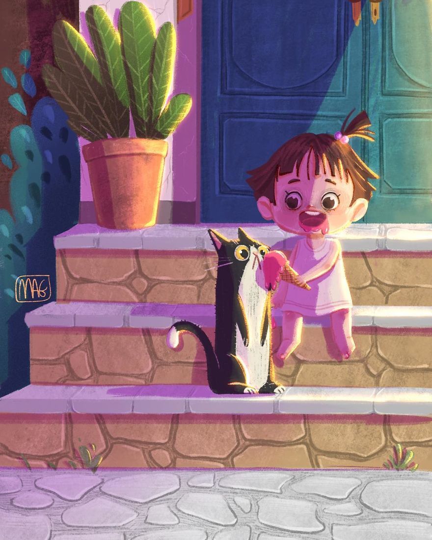 Italian Illustrator Shows In Sweet Illustrations That Even Cats Being Independent, They Can Be His Best Friends