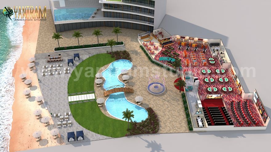 Unique Game Zone With Beach Side Swimming Pool 3D Floor Plan Rendering Service By Architectural Visualisation Studio, Paris – France