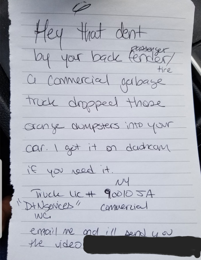 Garbage Truck Hits A Parked Car And Drives Off, Witness Leaves A Note Offering Footage Of The Accident