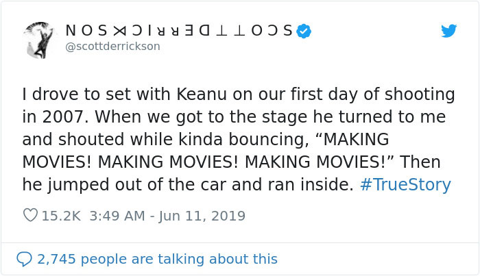 Scott Derrickson explaining the excitement of Keanu in a tweet.
