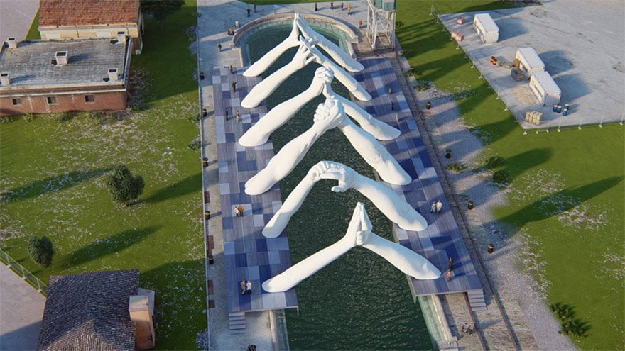 Giant Hands Reaching For Each Other Becomes The Newest Monumental Sculpture In Venice