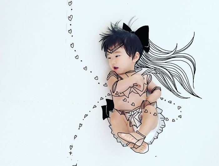 Japanese Father Of Two Draws On His Kids’ Photos And The Result Is Adorable (50 Pics)