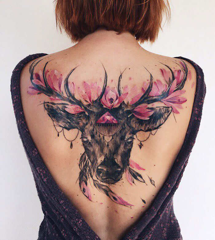Deer And Magnolia Flowers. Done In Two Sessions