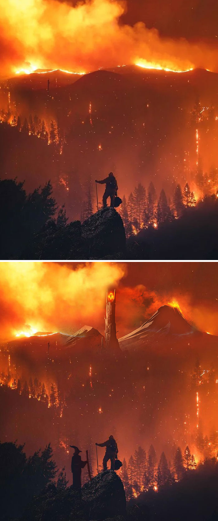 Fire Fighter In Front Of Californian Wildfires