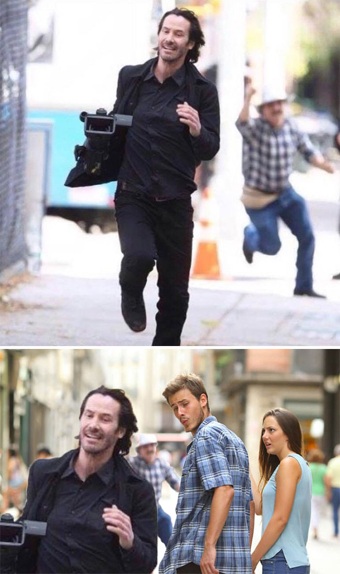 Keanu Reeves corriendo tras robarle la cámara a un paparazzi