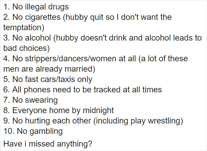 Overprotective Woman’s List Of Rules Before Allowing Husband To Go To A Bachelor Party Goes Viral