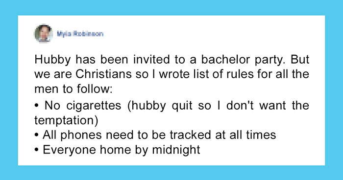 Overprotective Woman’s List Of Rules Before Allowing Husband To Go To A Bachelor Party Goes Viral
