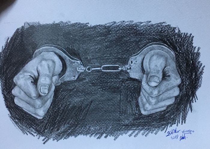 I Have Handcuffs In My Hands. In The Size A4 Pencil Drawing.