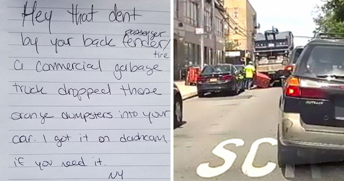 Garbage Truck Hits A Parked Car And Drives Off, Witness Leaves A Note Offering Footage Of The Accident