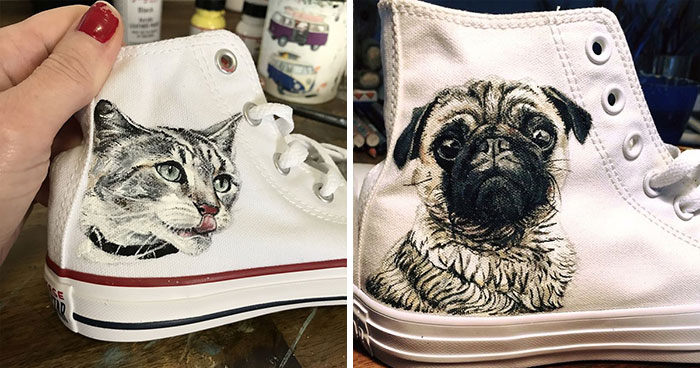 Here Are 13 Unique Gifts That I Created For Pet Owners By Painting Portraits Of Their Pets On Shoes