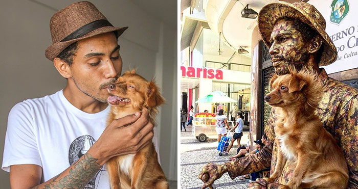 Little Dog Copies Her Bronze Owner In A Bronze Living Statue Performance And It Goes Viral