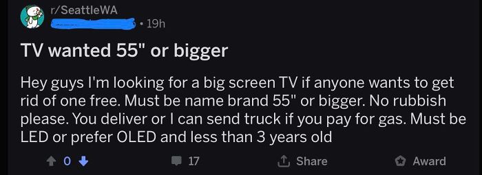 Give Me A TV And Deliver It Or Pay For The Gas!