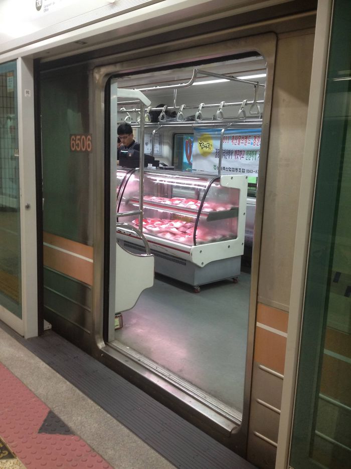Taking The Underground Subway In Seoul. I Stumbled Upon A Train That Had Been Converted Into A Grocery Store