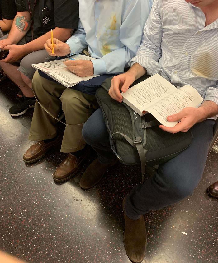 These Two Total Strangers On The Subway Had Similar Stains On Their Shirts