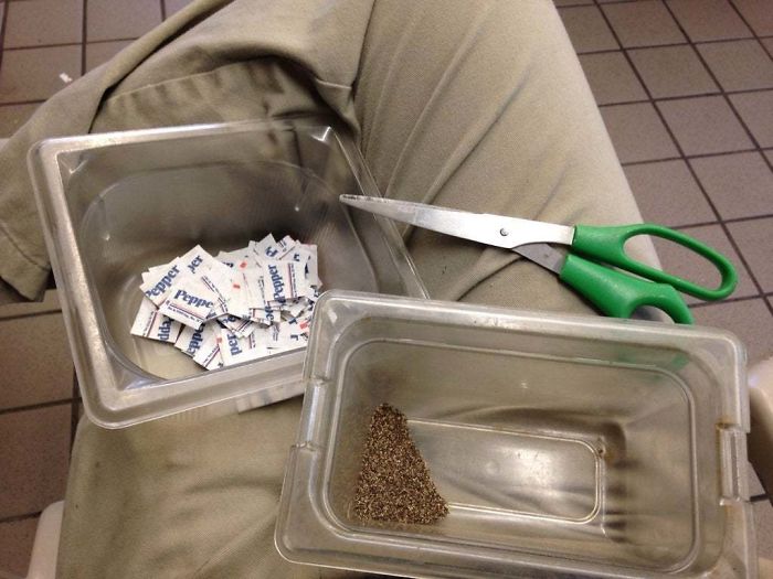My Boss Ordered A Box Of 6000 Pepper Packets Instead Of A Shaker, So Now I Get To Spend My Saturday Cutting Open Packets For Our Burger Seasoning