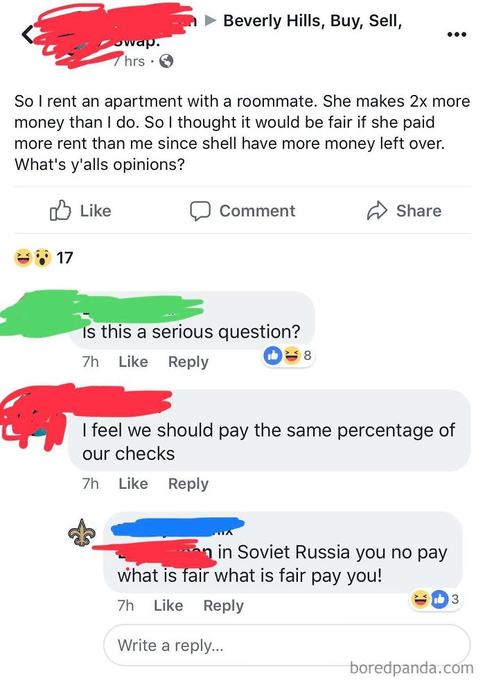 Facebook Cb Wants Roommate To Pay More Rent Because She Makes More