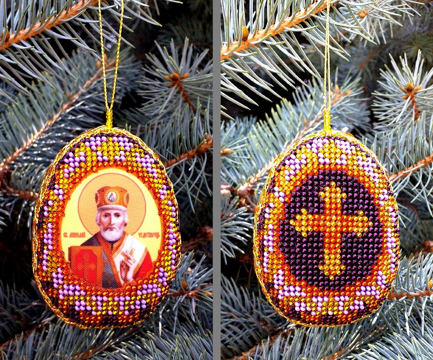 Saint Nicholas Embroidery. Beaded Christmas Ornament Gift.