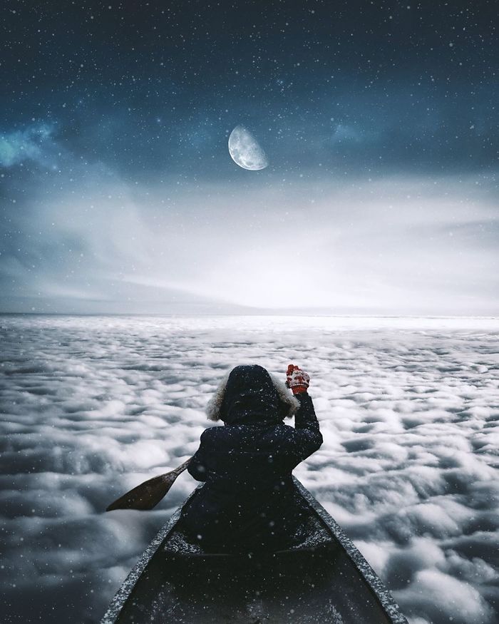 Person in a canoe paddling through clouds towards a moonlit sky, creating a surreal and dreamlike atmosphere.