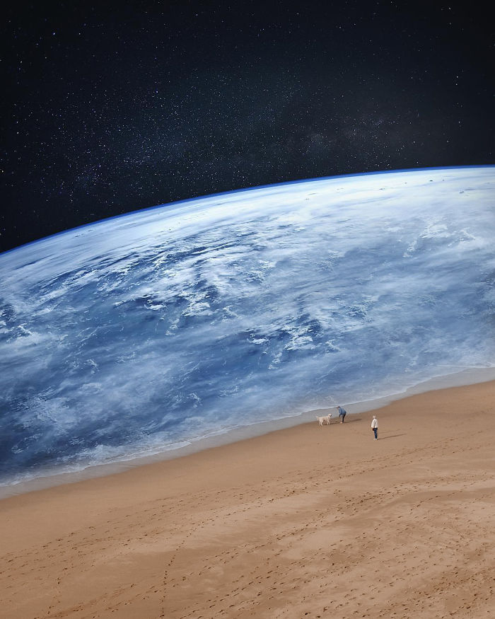 Surreal photo with a tilted ocean horizon and dreamlike atmosphere, depicting unconventional combinations and visual metaphors.