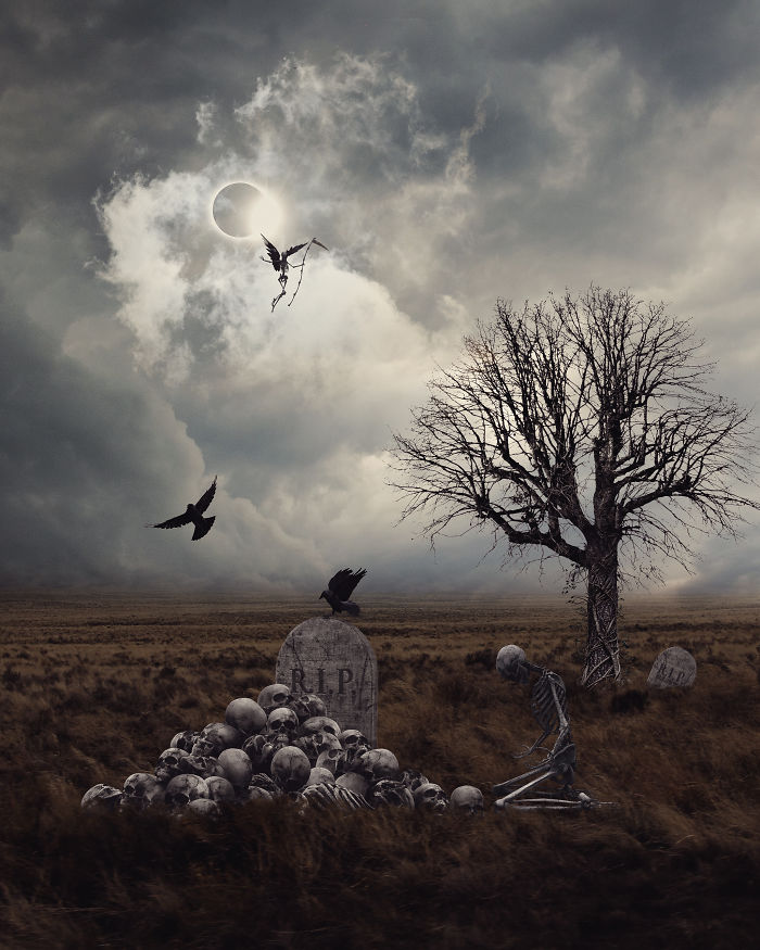 Skeleton and crow in a surreal, dreamlike landscape with skulls and a barren tree.