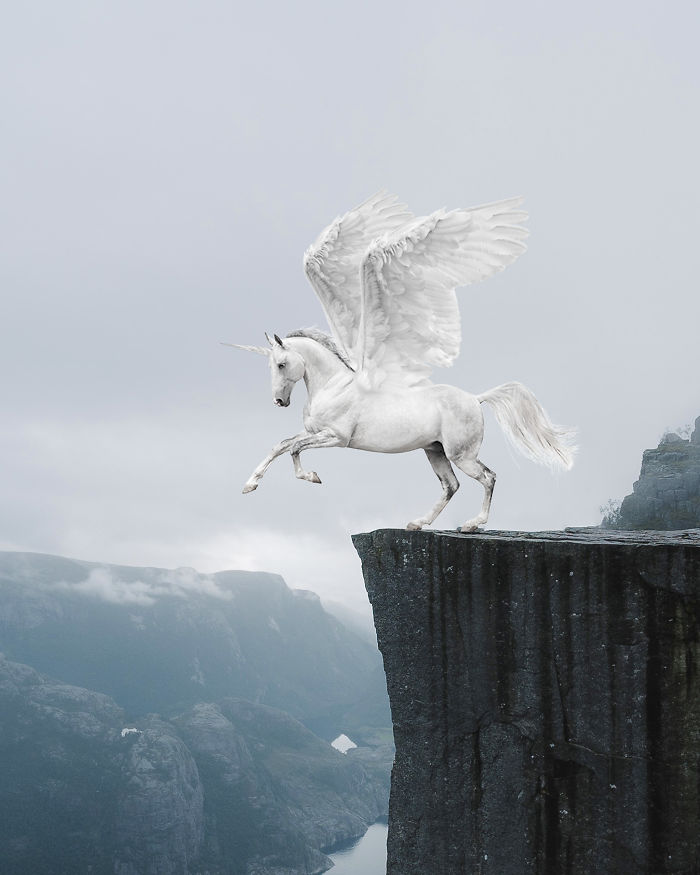Winged unicorn poised on a cliff, showcasing a surreal photo with a dreamlike atmosphere.