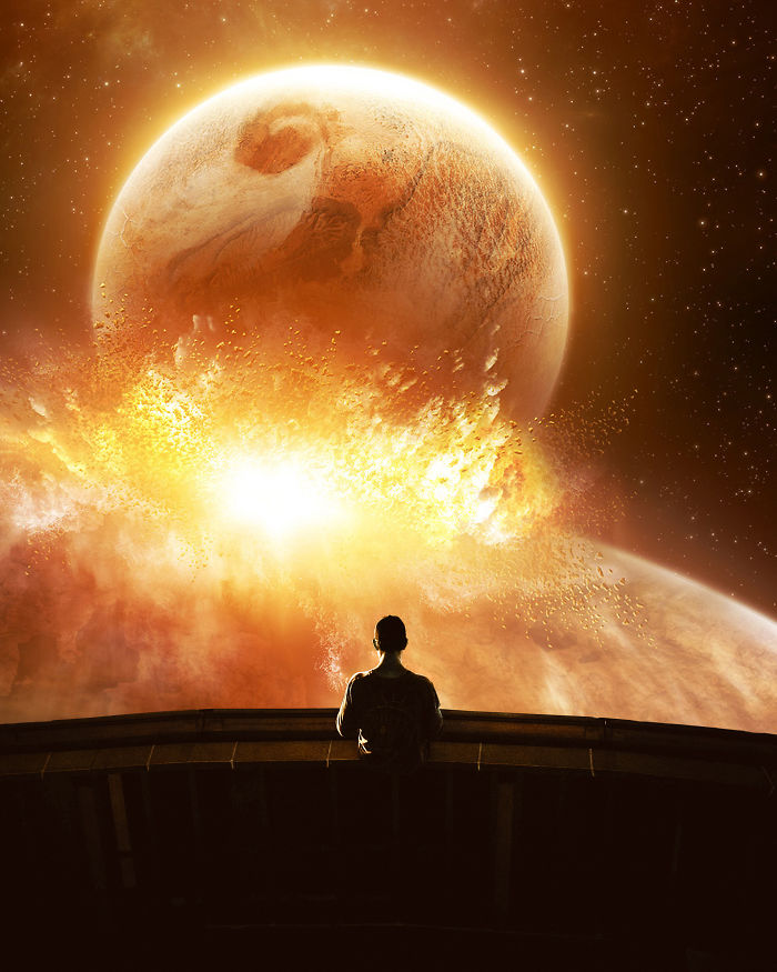 Person observing a surreal cosmic explosion, featuring visual metaphors and dreamlike atmosphere.