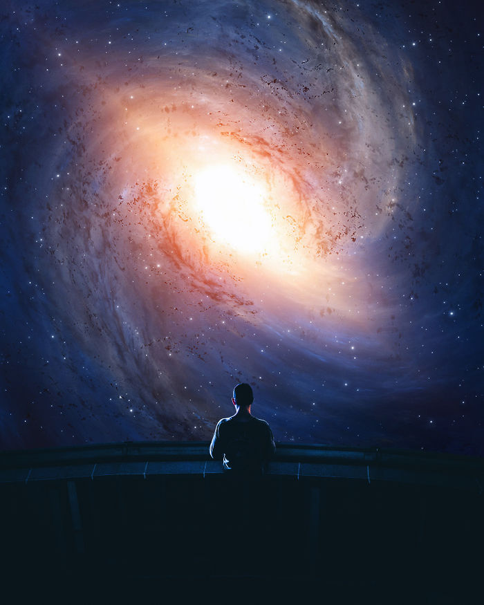 A person gazing at a surreal cosmic swirl, evoking visual metaphors and dreamlike atmospheres.