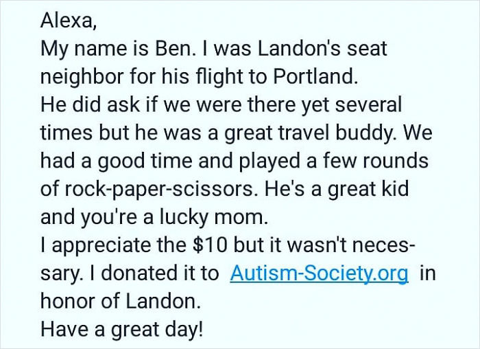7-Year-Old Autistic Boy Flying Alone With $10 And A Note Explaining His Condition Gets The Best Seatmate