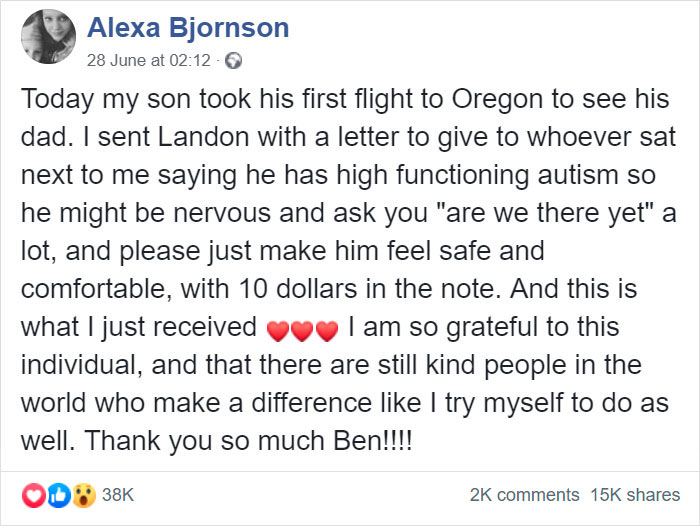 7-Year-Old Autistic Boy Flying Alone With $10 And A Note Explaining His Condition Gets The Best Seatmate