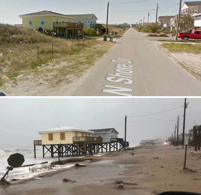 Calle de Surf City, antes y después del huracán Florence
