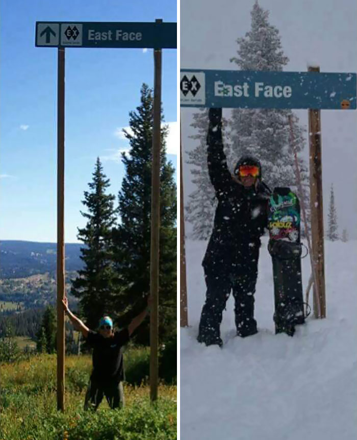 Señal de una pista de esquí, verano vs invierno