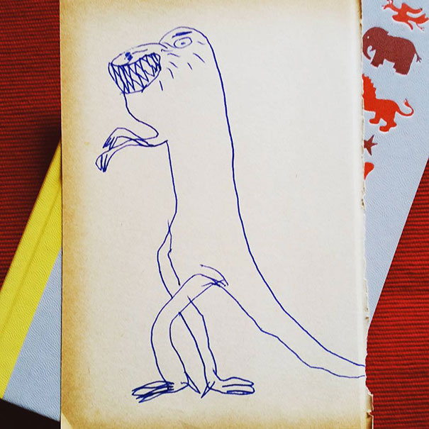 Scary But Adorable Dinosaur Drawing Found Between The Pages