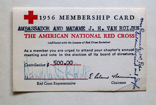 Ambassador And Madame J. H. Van Roijen Red Cross Membership Card From 1956
