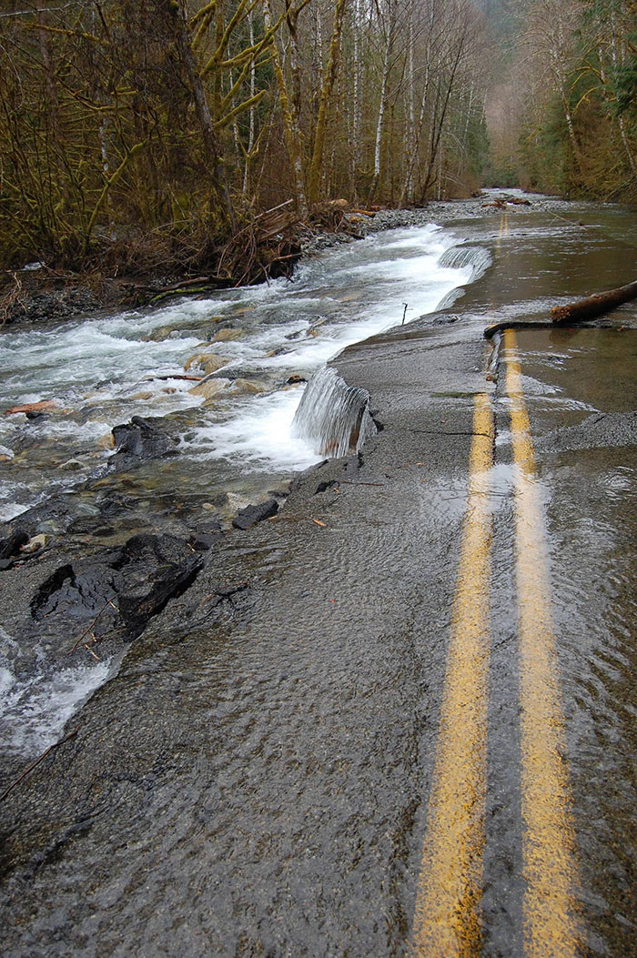Road washed out by flood, WA state
