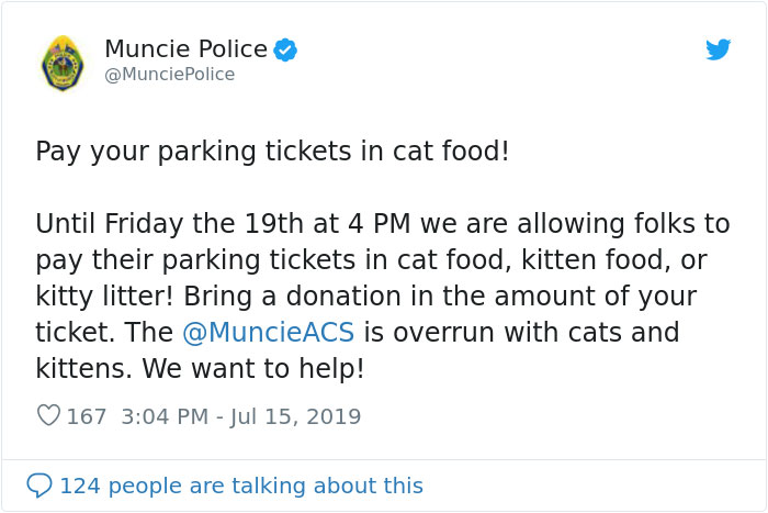 Indiana City Police Department Allows People To Pay Off Their Parking Tickets By Donating Cat Food