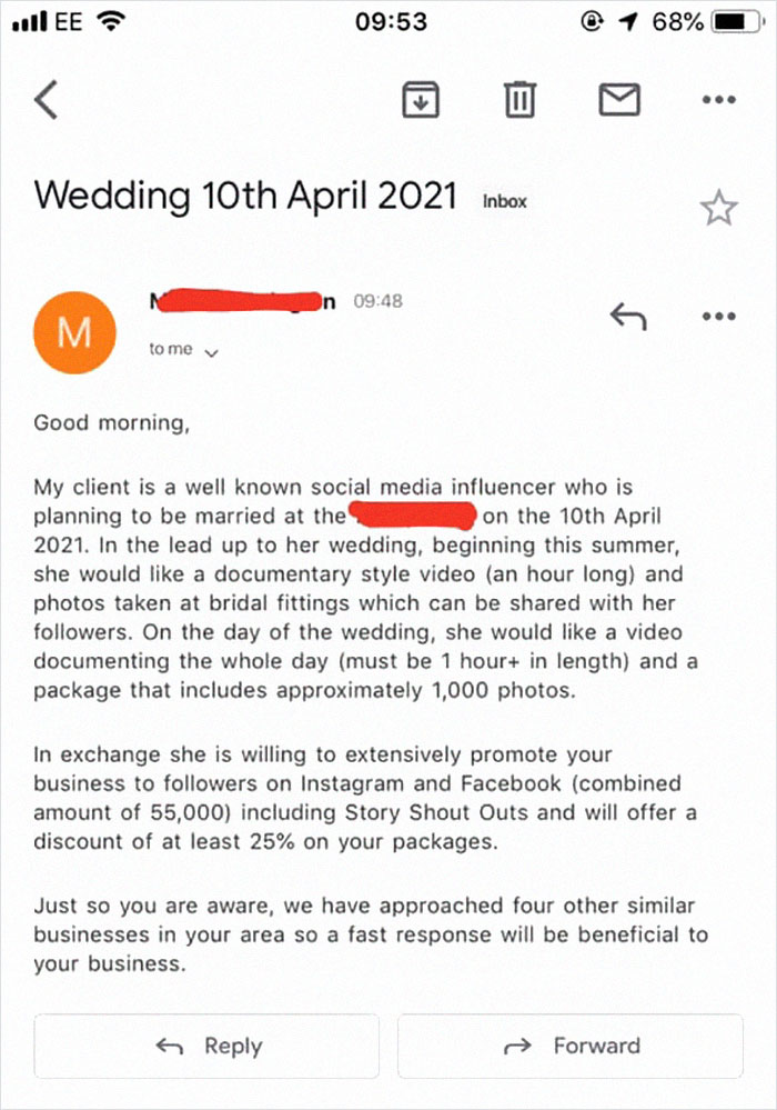 ‘Influencer’ Bride With 55K Followers Tries To Get Wedding Shot For Free, Photographers Destroy Her With Sarcastic Response
