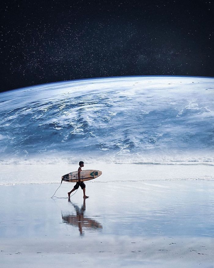 Surreal photo of a person walking on water, carrying a surfboard with a massive wave behind, creating a dreamlike atmosphere.