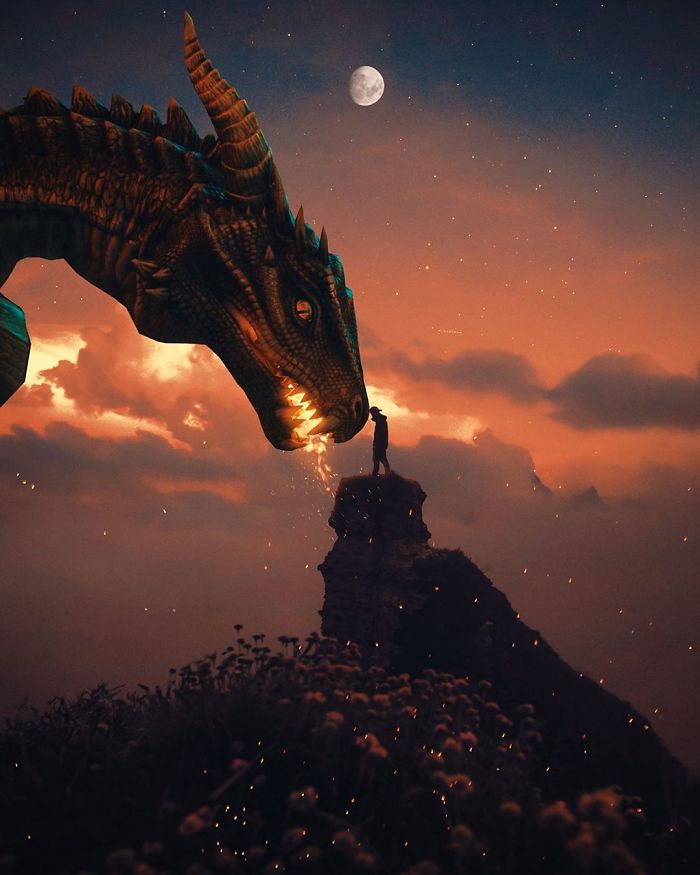 Surreal photo of a giant dragon facing a person on a rocky peak under a starry sky, embodying dreamlike atmosphere.