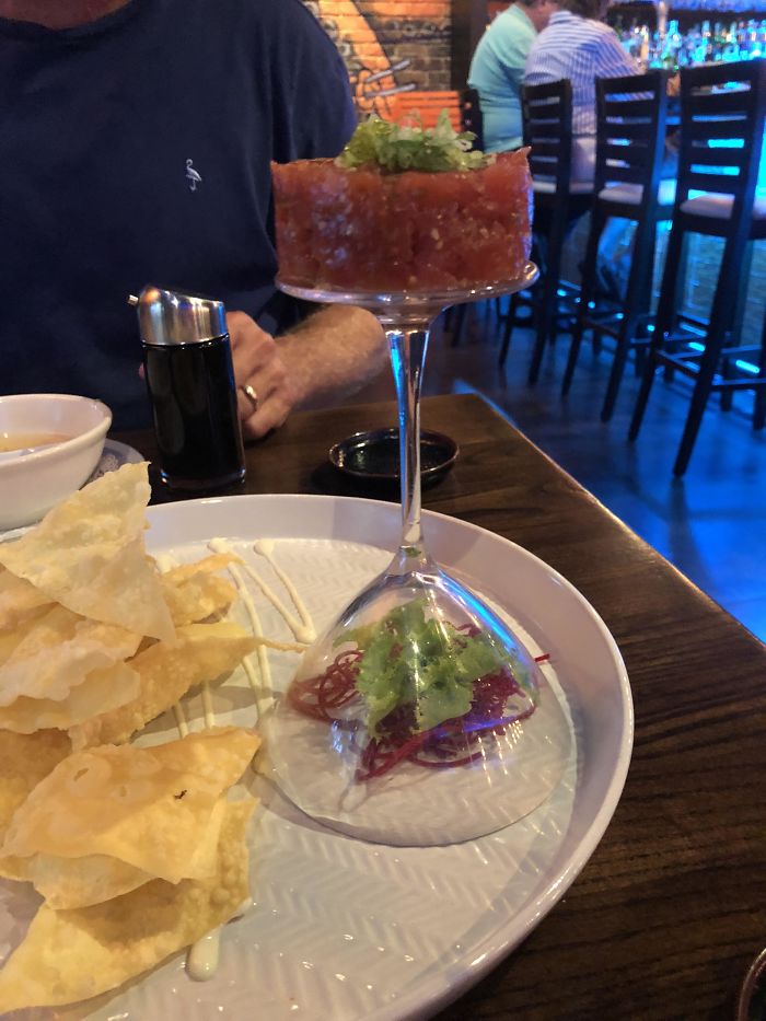 Tuna Served On An Upside Down Cocktail Glass... If Only There Were A More Stable Food Serving Object To Eat Off Of