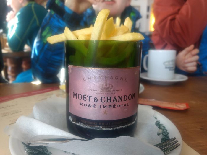 Now I Get Why It Was Advertised As "Half A Bottle Of Fries"... Fries In A Cut Off Bottle Of Wine