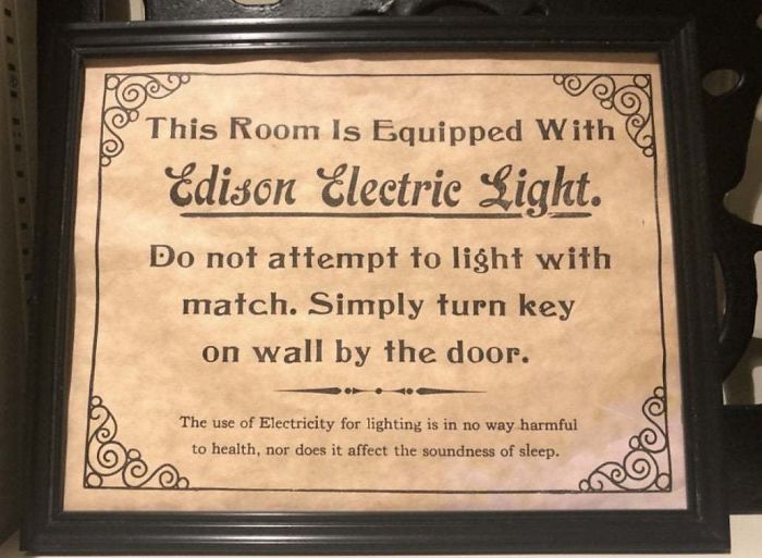 This Historic Sign In My Hotel Explains How To Use Electricity In Case You Had Never Used It Before