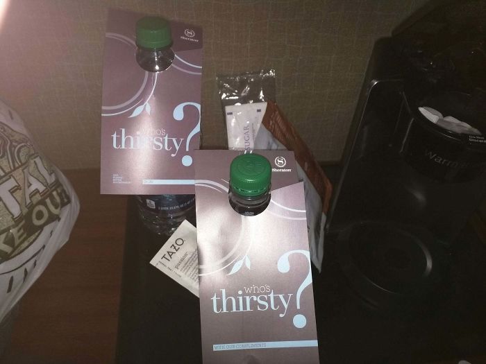 Scumbag Sheraton Hotel Trying To Trick Me Into Paying $6 For Water. The Tag In The Front Says In Fine Print Free And The One In The Back Says In Fine Print $6