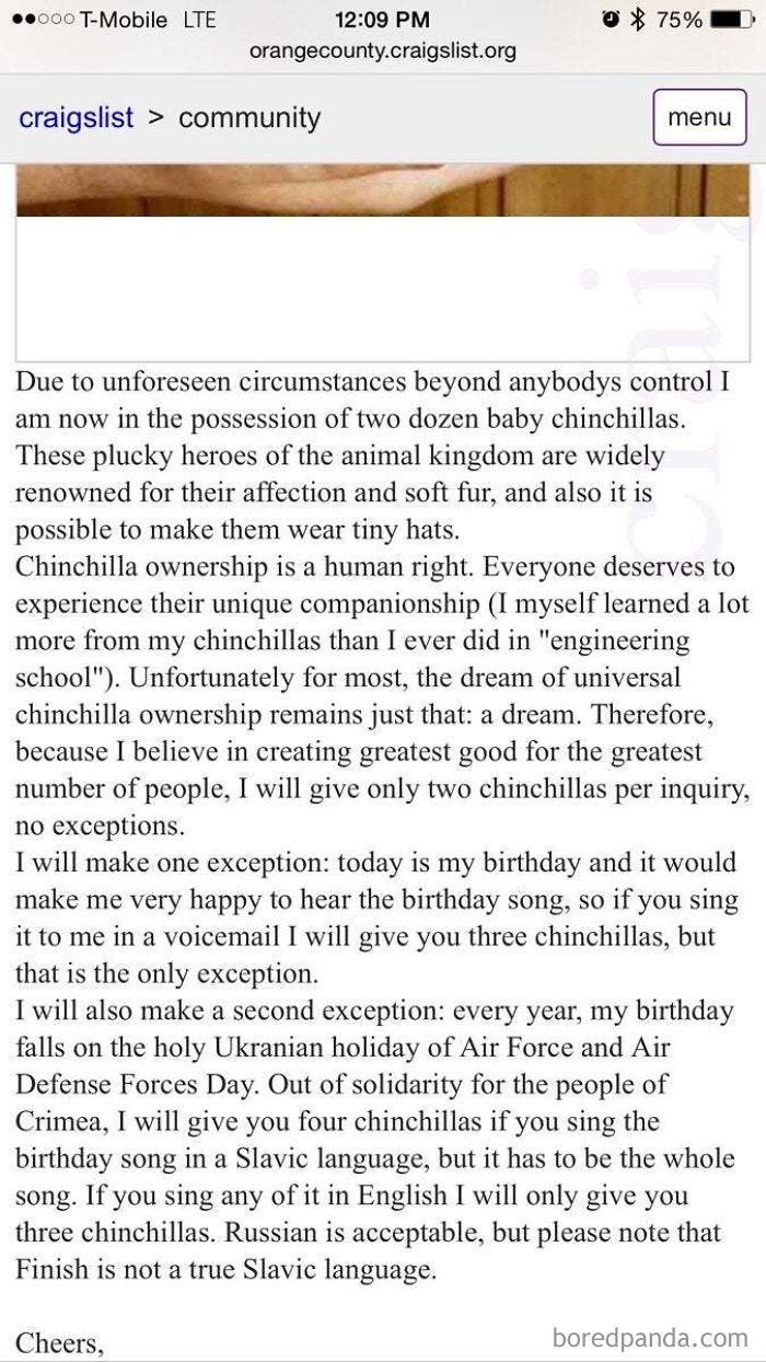 A Friend Of Mine (Still Haven't Found Out Who) Posted This Craigslist Ad For My Birthday. 100 Points For Creativity, -100 Points For All The Chinchilla Texts And Voicemails