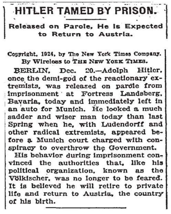 Hitler Tamed By Prison (New York Times, 1924)