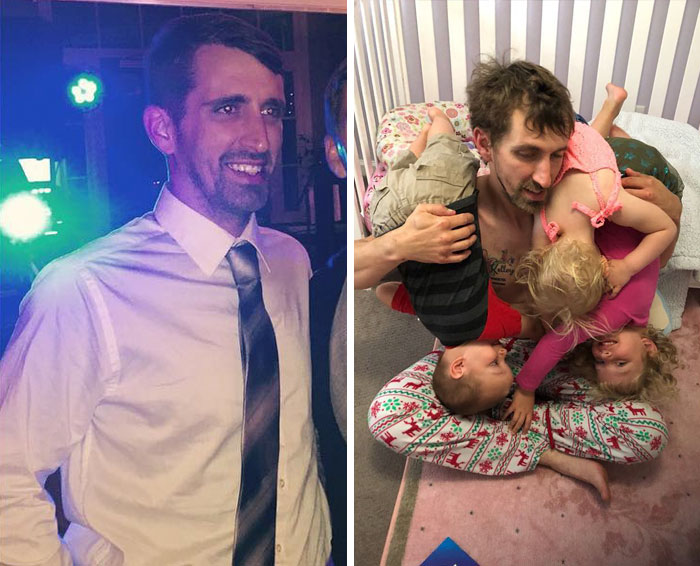 Parenthood Even Changes Your Wardrobe. This Guy Went From Wearing A Suit To Wearing His Kids, Which Is So Much More Expensive