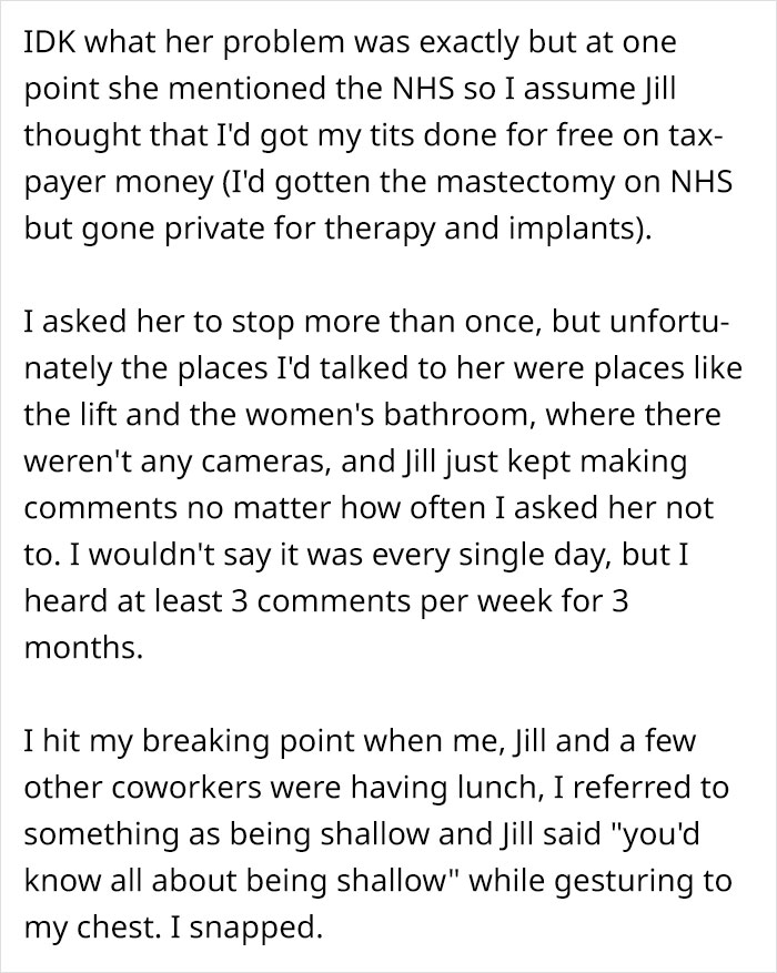 Woman Gets Revenge On A Co-Worker That Bullied Her For Months For Having Breast Implants